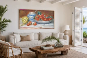 Framed print of Strawberries hanging on a wall in a furnished room