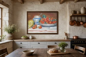 Framed print of Strawberries hanging on a wall in a furnished room