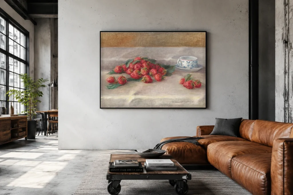 Framed print of Strawberries hanging on a wall in a furnished room
