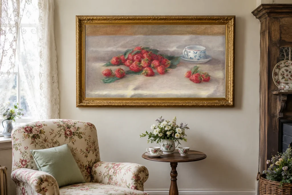 Framed print of Strawberries hanging on a wall in a furnished room