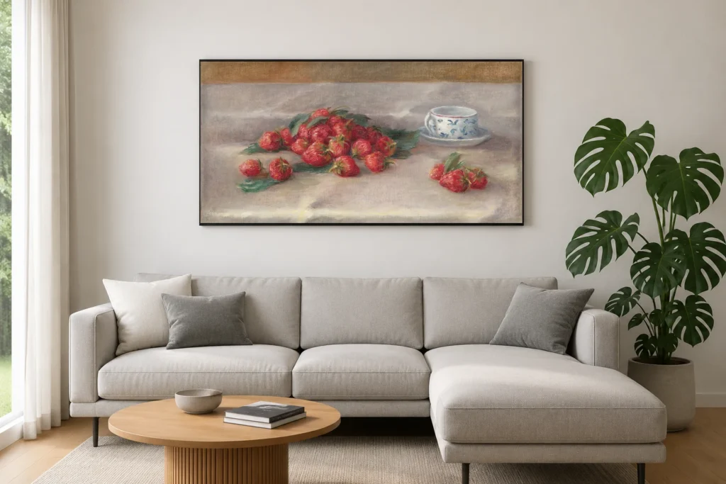 Framed print of Strawberries hanging on a wall in a furnished room