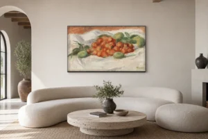 Framed print of Strawberries and Almonds (Fraises et amandes) hanging on a wall in a furnished room