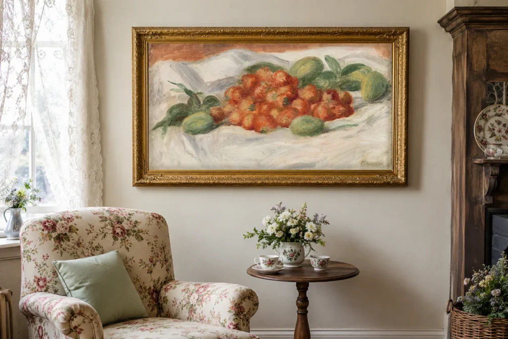 Framed print of Strawberries and Almonds (Fraises et amandes) hanging on a wall in a furnished room