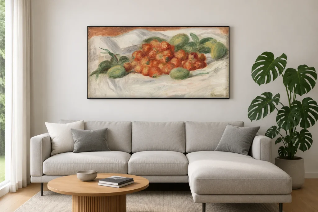 Framed print of Strawberries and Almonds (Fraises et amandes) hanging on a wall in a furnished room