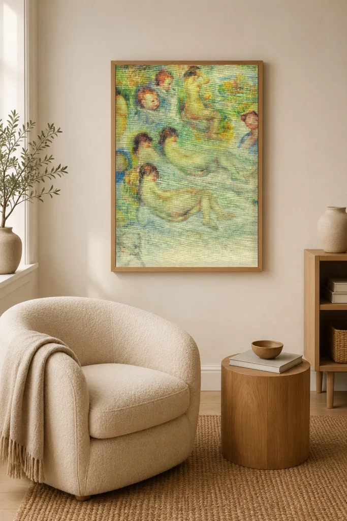 Framed print of Studies of Pierre Renoir; His Mother, Aline Charigot; Nudes; and Landscape hanging on a wall in a furnished room