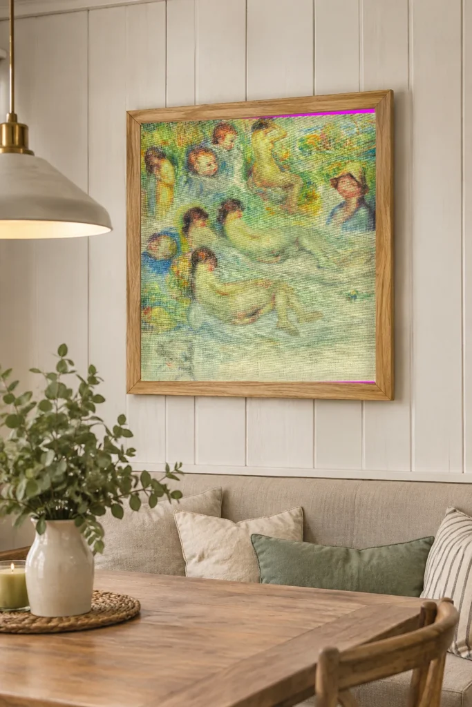 Framed print of Studies of Pierre Renoir; His Mother, Aline Charigot; Nudes; and Landscape hanging on a wall in a furnished room