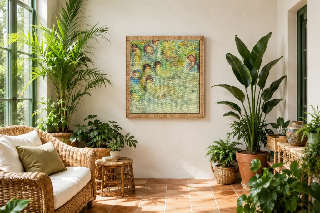 Framed print of Studies of Pierre Renoir; His Mother, Aline Charigot; Nudes; and Landscape hanging on a wall in a furnished room