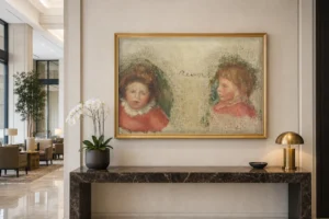 Framed print of Studies of Woman and Child hanging on a wall in a furnished room