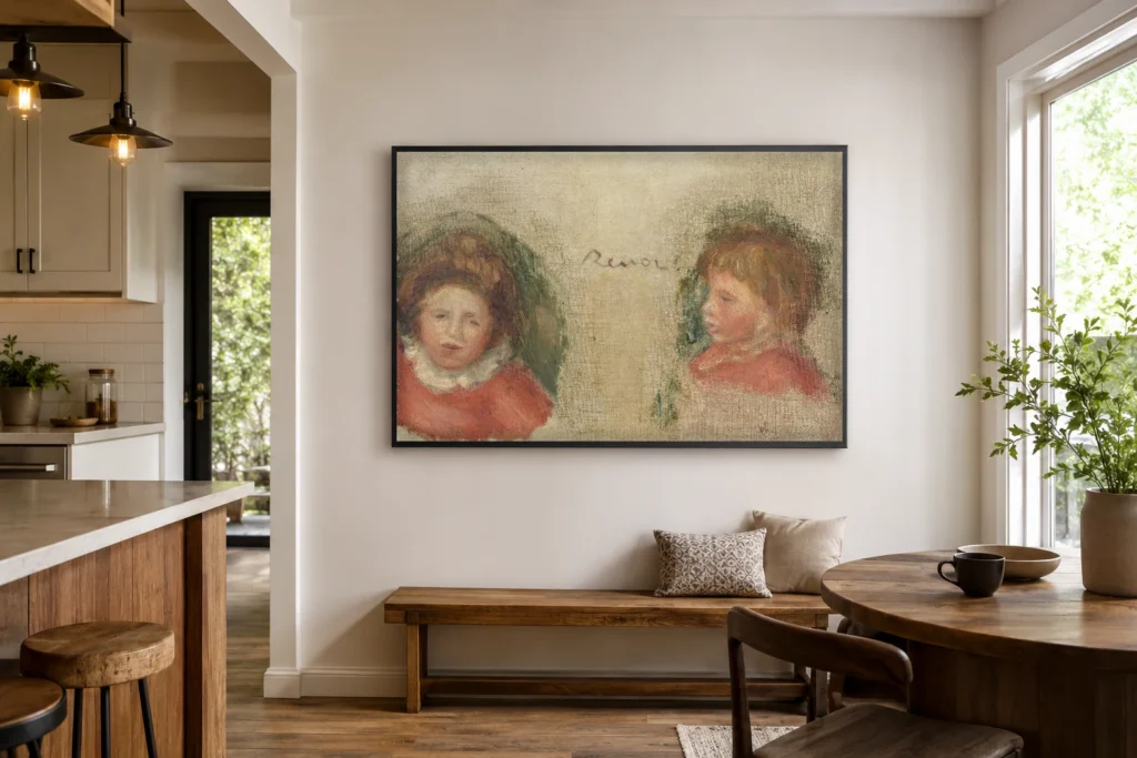 Framed print of Studies of Woman and Child hanging on a wall in a furnished room