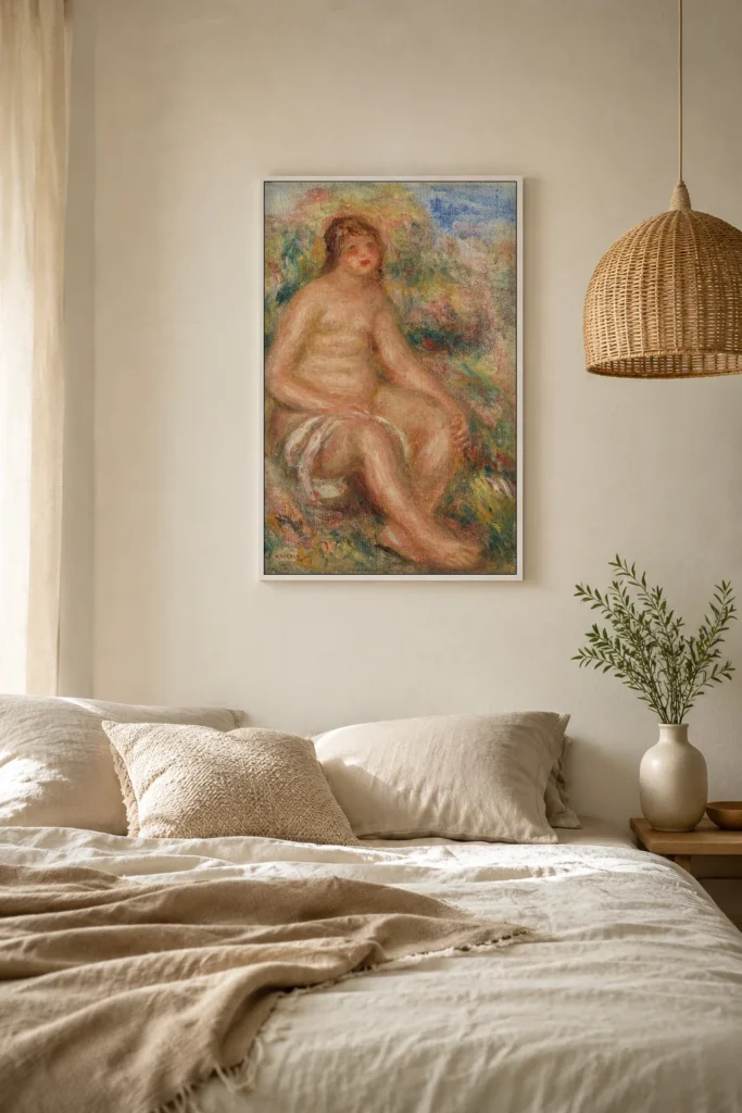 Framed print of Bather (Baigneuse) hanging on a wall in a furnished room
