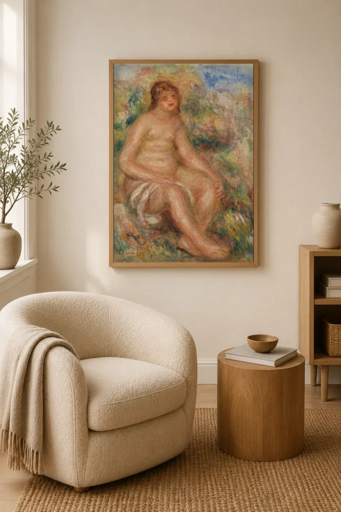 Framed print of Bather (Baigneuse) hanging on a wall in a furnished room