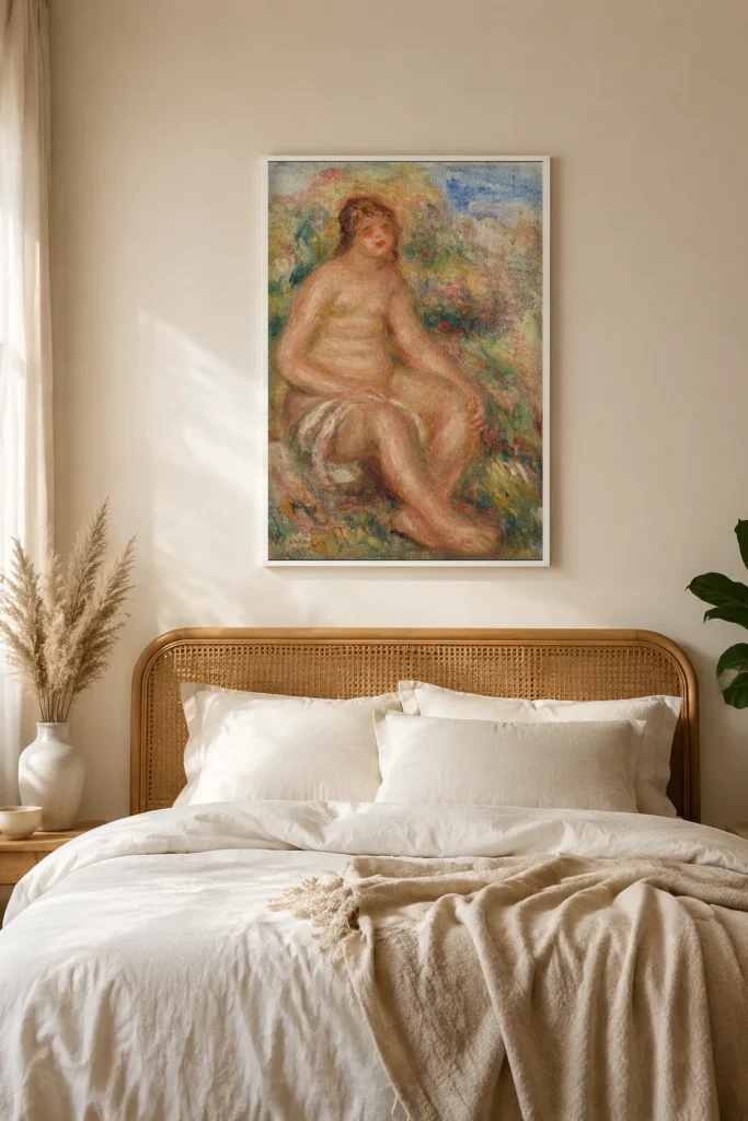 Framed print of Bather (Baigneuse) hanging on a wall in a furnished room