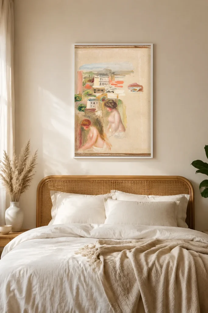 Framed print of Studies of landscapes and nudes hanging on a wall in a furnished room