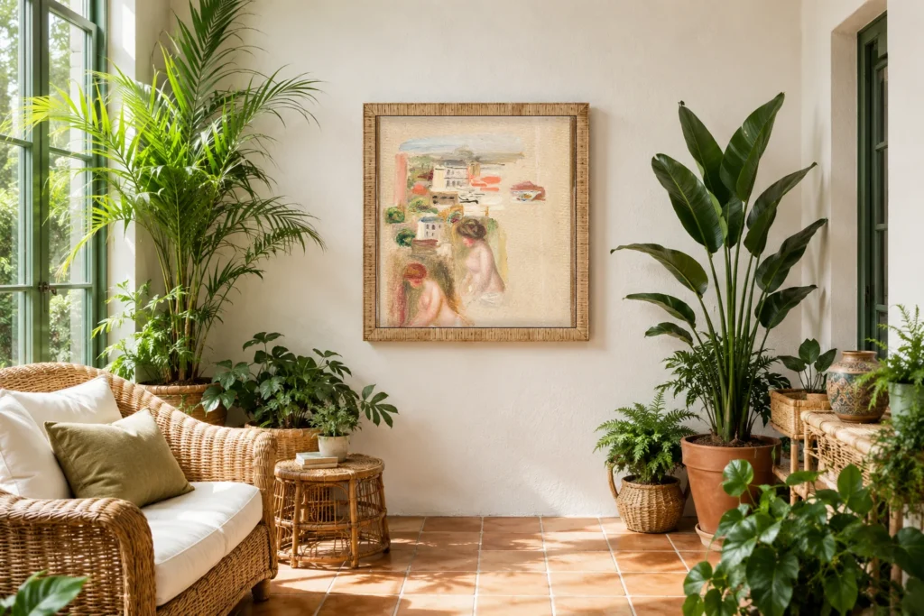 Framed print of Studies of landscapes and nudes hanging on a wall in a furnished room