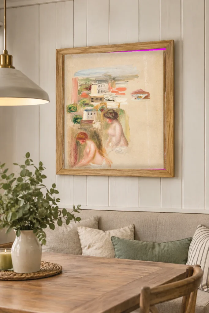 Framed print of Studies of landscapes and nudes hanging on a wall in a furnished room