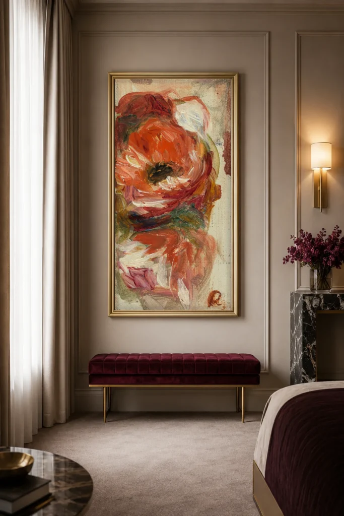 Framed print of Study of Flowers hanging on a wall in a furnished room