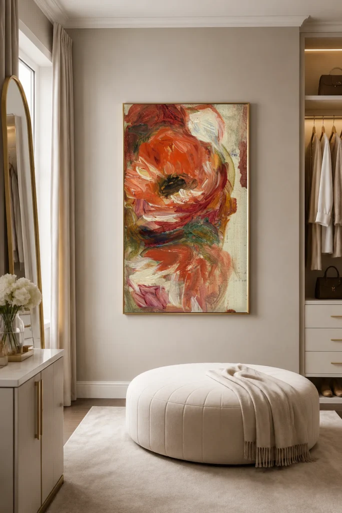 Framed print of Study of Flowers hanging on a wall in a furnished room