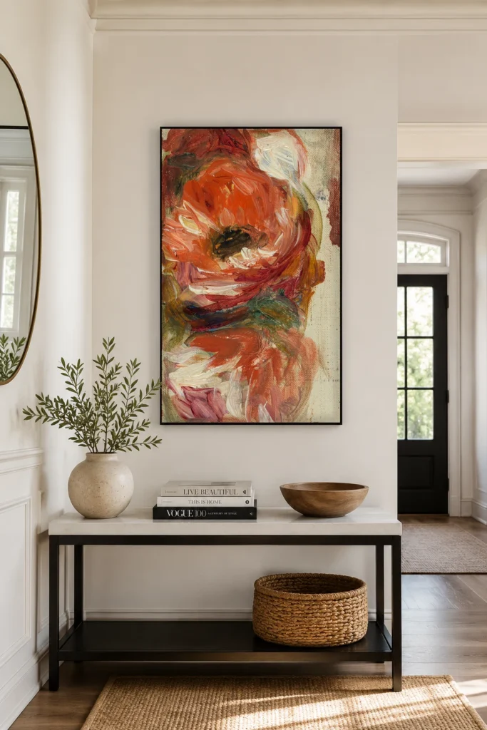 Framed print of Study of Flowers hanging on a wall in a furnished room