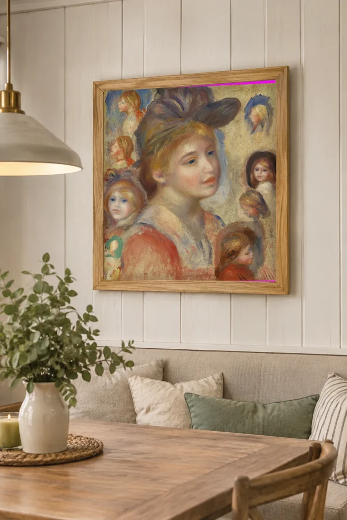 Framed print of Study of Girls’ Heads (Étude de têtes de jeunes filles) hanging on a wall in a furnished room