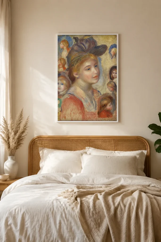 Framed print of Study of Girls’ Heads (Étude de têtes de jeunes filles) hanging on a wall in a furnished room