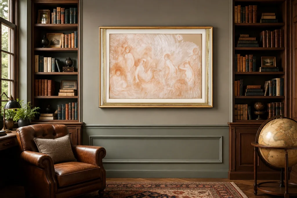 Framed print of Study of Nudes hanging on a wall in a furnished room