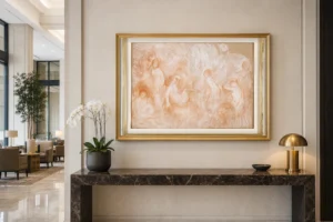 Framed print of Study of Nudes hanging on a wall in a furnished room