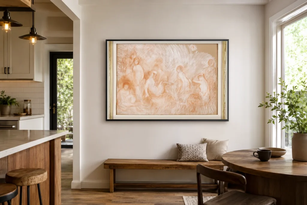 Framed print of Study of Nudes hanging on a wall in a furnished room