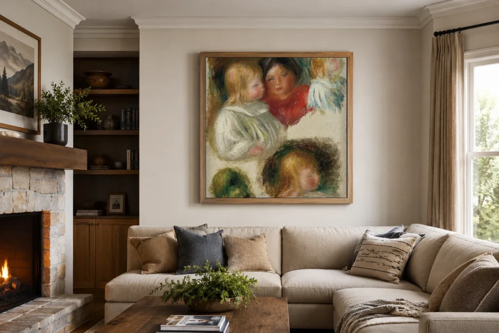 Framed print of Study of children and young woman hanging on a wall in a furnished room
