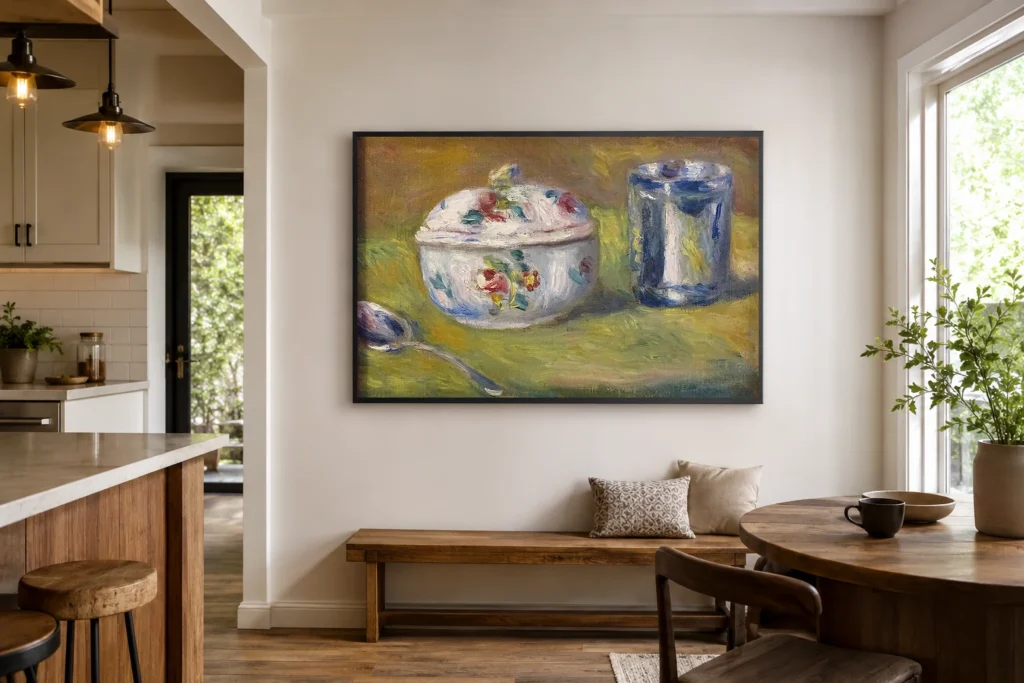 Framed print of Sugar Bowl and Silver Cup hanging on a wall in a furnished room