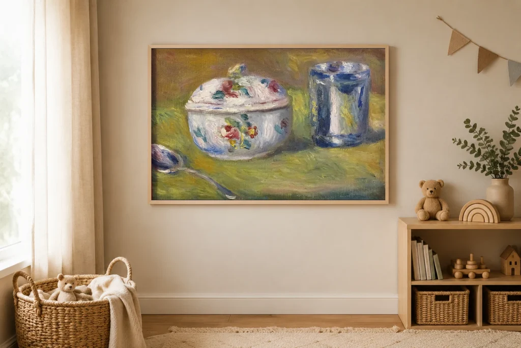 Framed print of Sugar Bowl and Silver Cup hanging on a wall in a furnished room