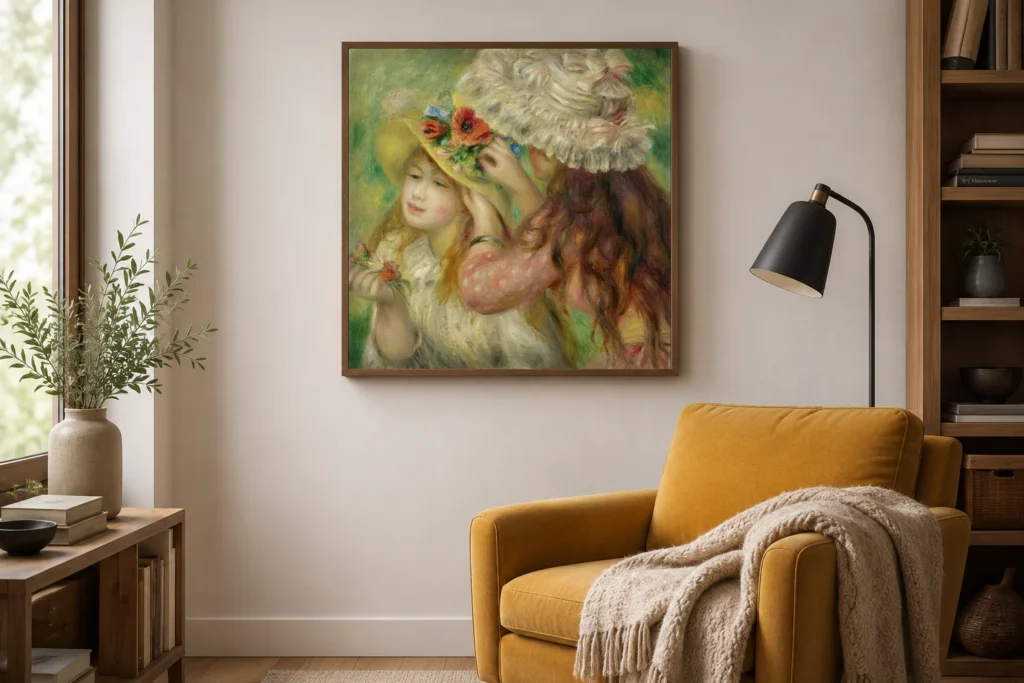 Framed print of Summer Hats hanging on a wall in a furnished room