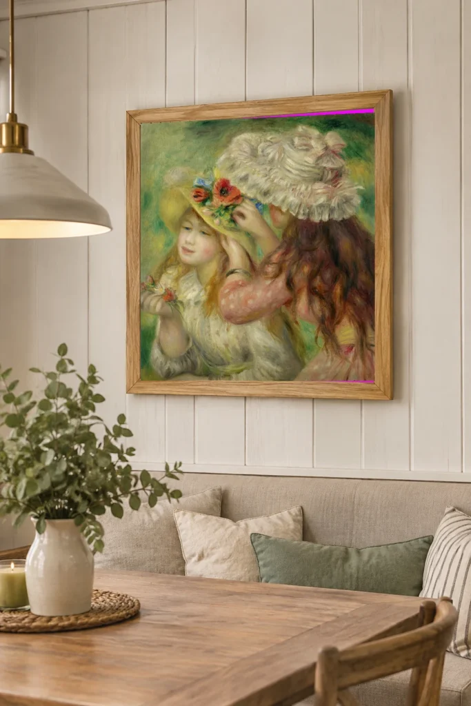 Framed print of Summer Hats hanging on a wall in a furnished room
