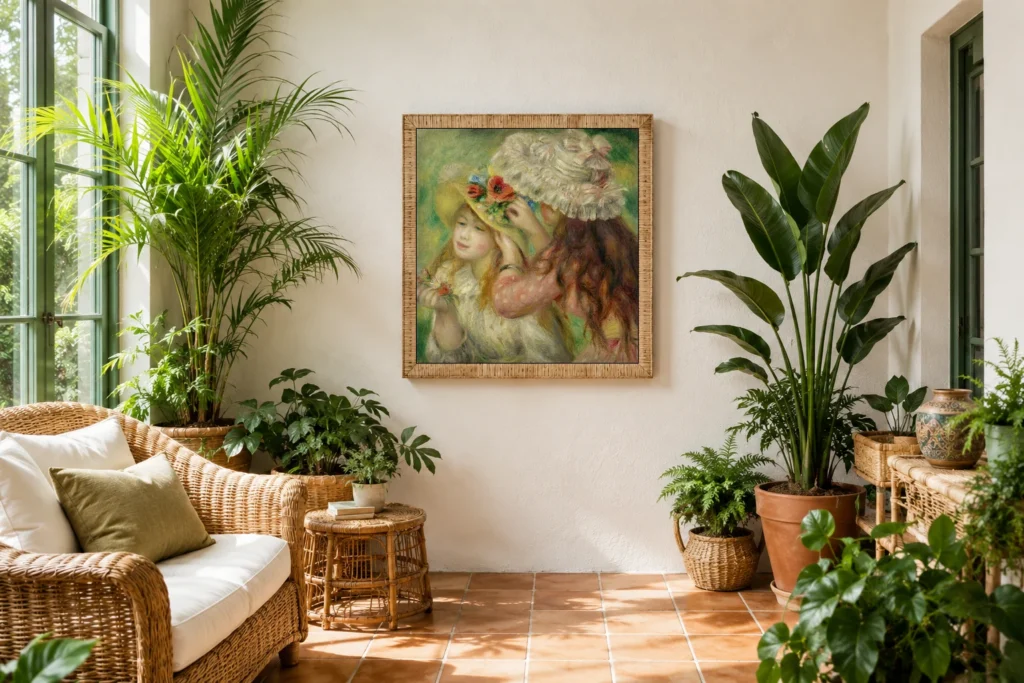 Framed print of Summer Hats hanging on a wall in a furnished room