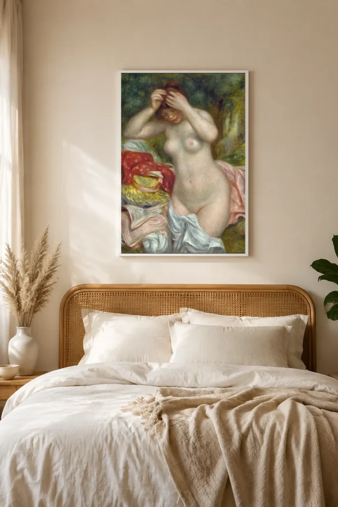 Framed print of Bather Arranging Her Hair hanging on a wall in a furnished room