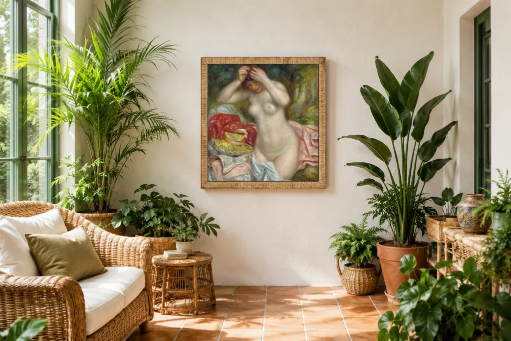 Framed print of Bather Arranging Her Hair hanging on a wall in a furnished room