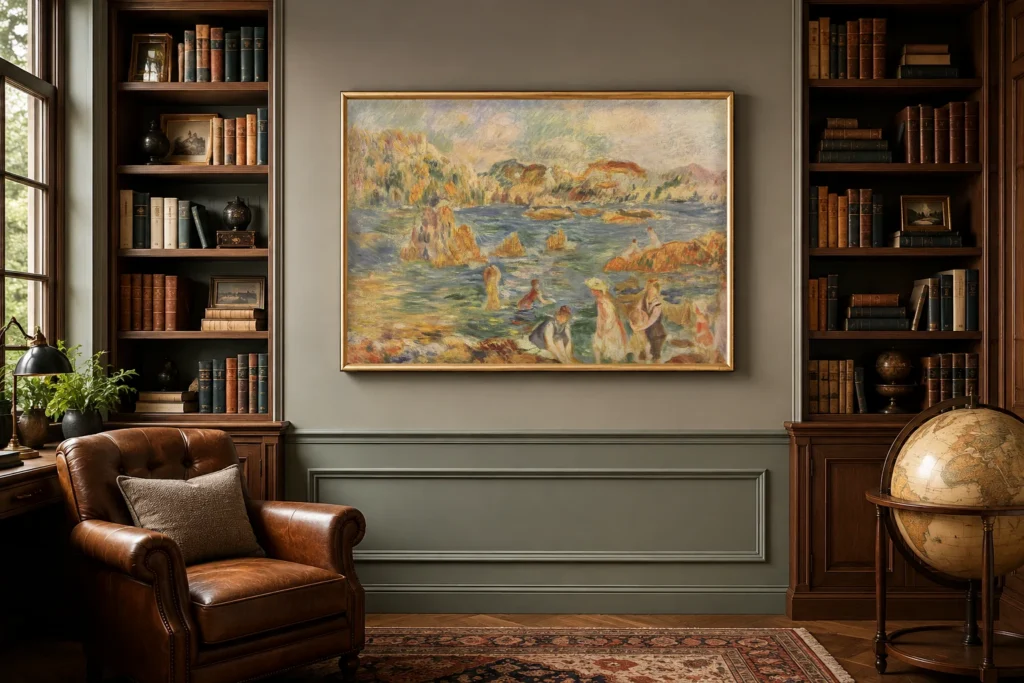 Framed print of On the Beach at Guernsey hanging on a wall in a furnished room
