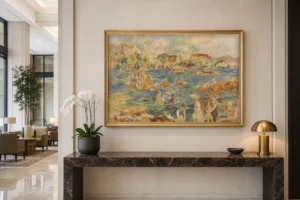 Framed print of On the Beach at Guernsey hanging on a wall in a furnished room