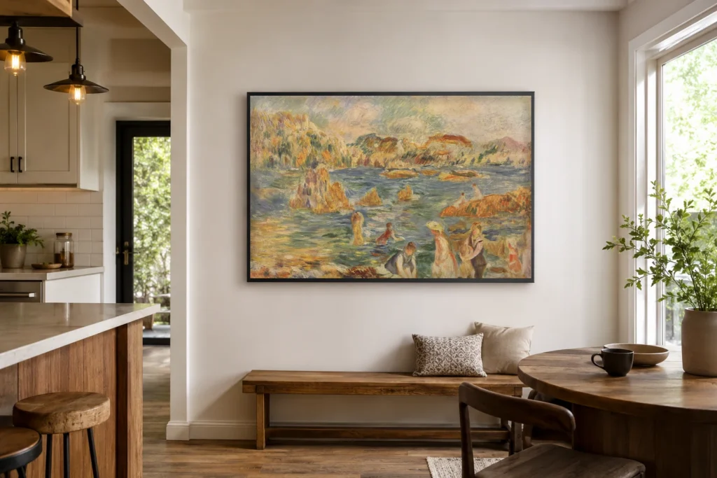 Framed print of On the Beach at Guernsey hanging on a wall in a furnished room