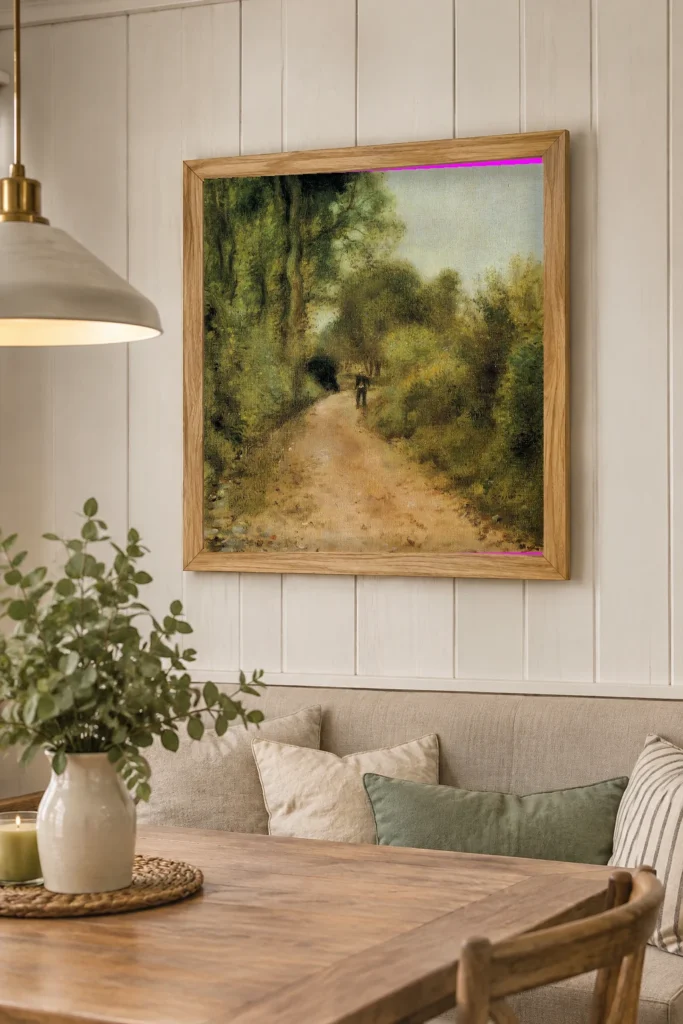 Framed print of On the Path hanging on a wall in a furnished room