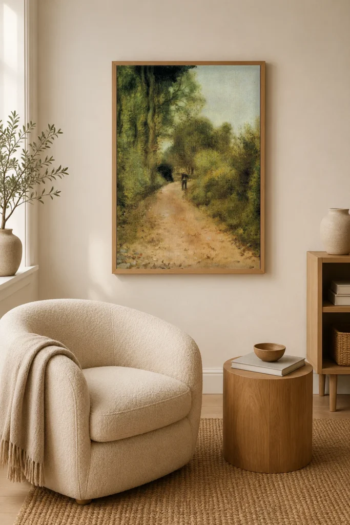 Framed print of On the Path hanging on a wall in a furnished room