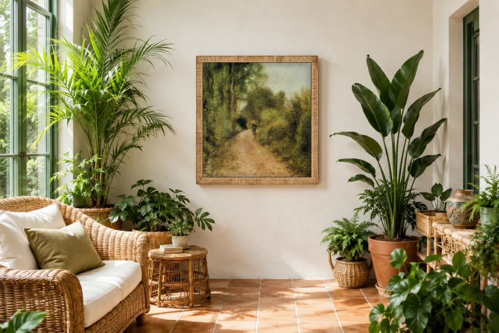 Framed print of On the Path hanging on a wall in a furnished room