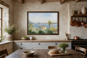 Framed print of Tamaris, France hanging on a wall in a furnished room