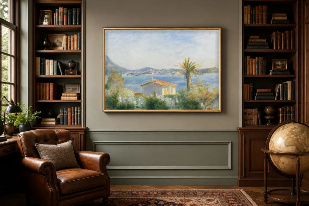 Framed print of Tamaris, France hanging on a wall in a furnished room