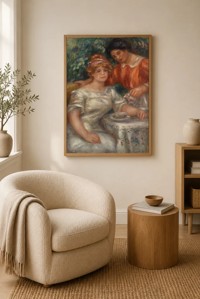 Framed print of Tea Time hanging on a wall in a furnished room