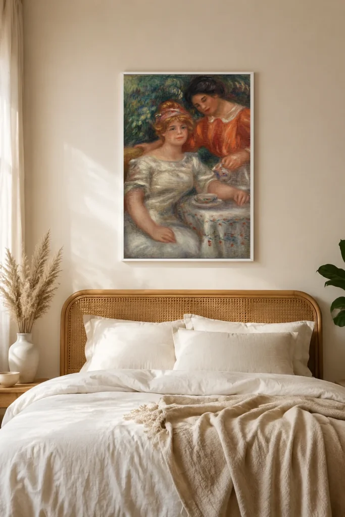 Framed print of Tea Time hanging on a wall in a furnished room
