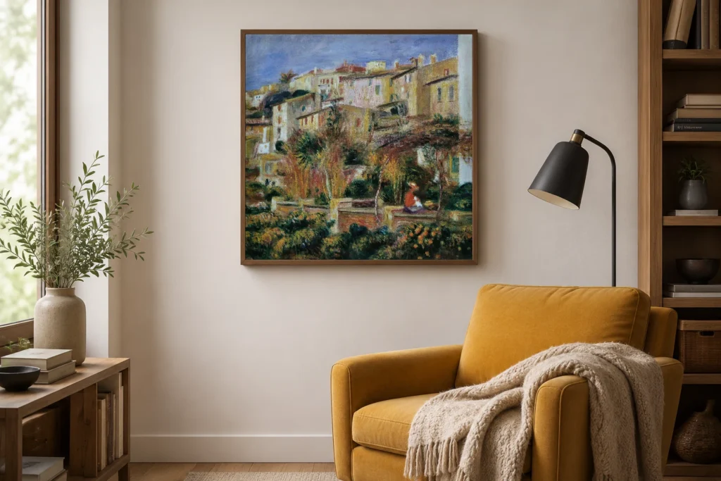 Framed print of Terraces at Cannes hanging on a wall in a furnished room