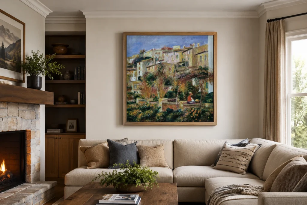 Framed print of Terraces at Cannes hanging on a wall in a furnished room