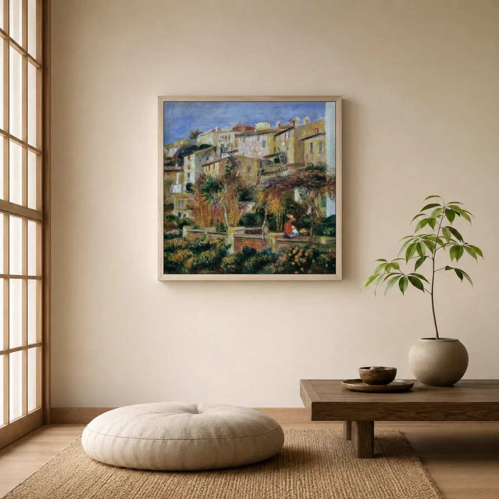 Framed print of Terraces at Cannes hanging on a wall in a furnished room