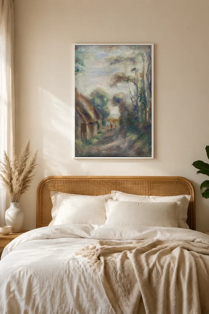Framed print of Thatched Cottages in Berneval hanging on a wall in a furnished room