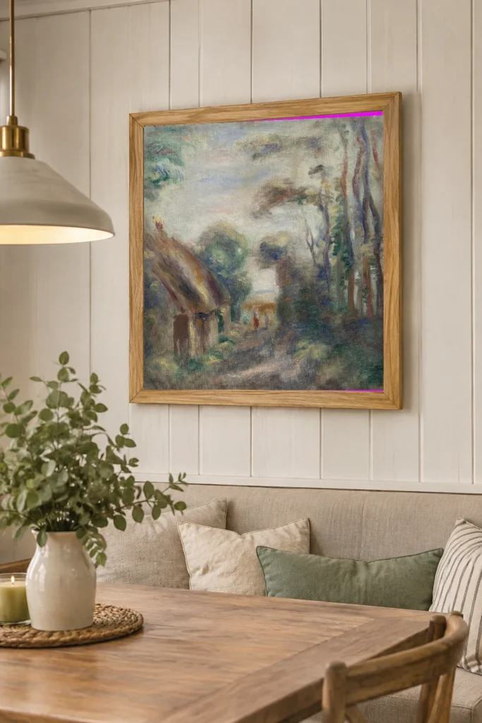 Framed print of Thatched Cottages in Berneval hanging on a wall in a furnished room